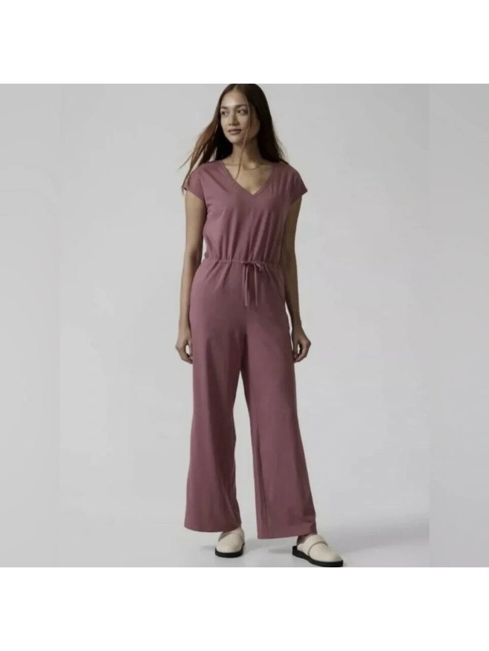 Athleta Willow Jumpsuit Large Tall Mauve Plum V-Neck Drawstring Wide Leg Pockets